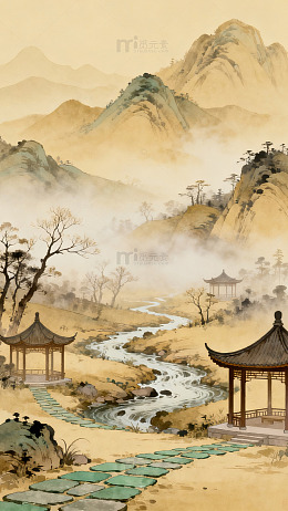 古风水墨山水画亭台楼阁风景