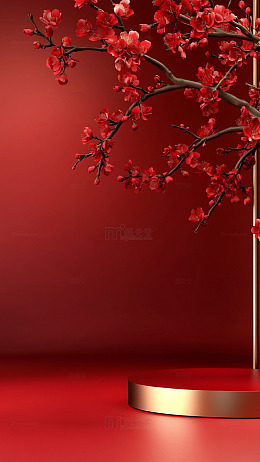 红色花卉背景展示台设计