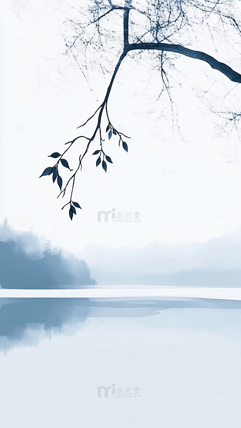 水墨风树枝倒影风景图