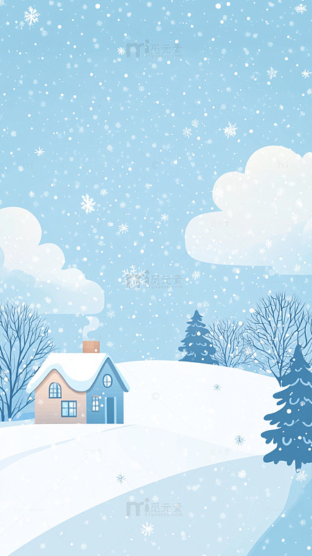 冬日雪景卡通小屋插画