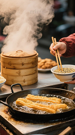 传统小吃油炸油条制作现场