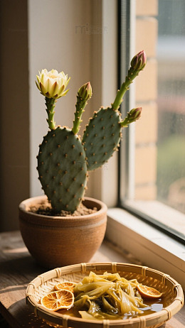 窗台仙人掌与美食静物摄影