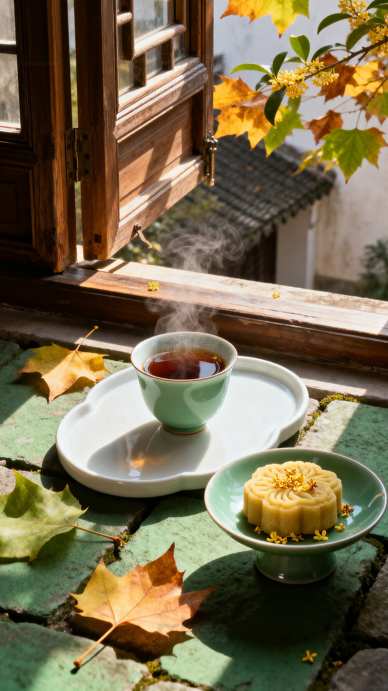 秋日窗前茶点静物