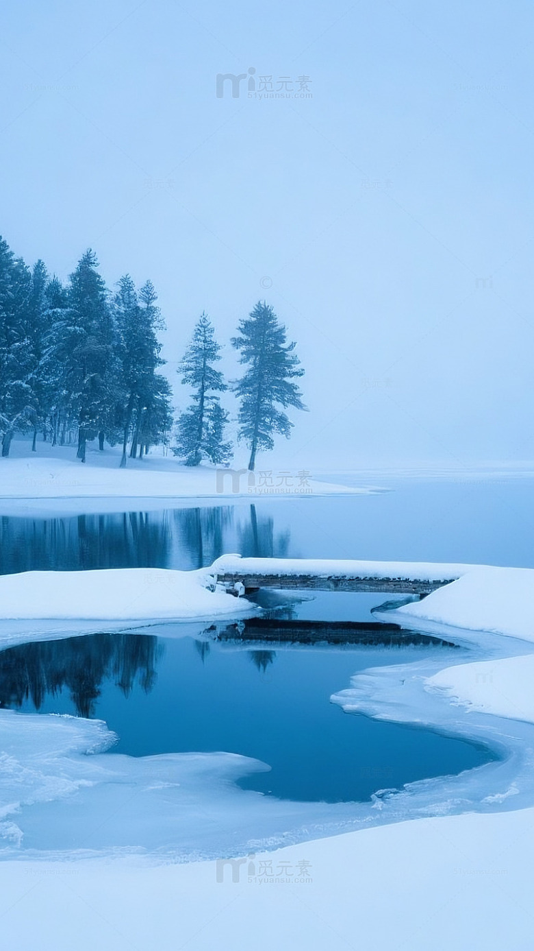 冰雪湖泊松树冬日美景