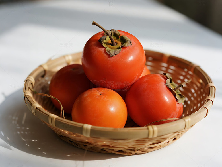 成熟的柿子装在篮筐里写实背景图