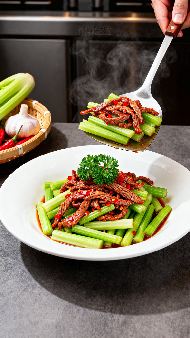 中式炒菜芹牛肉视觉美食摄影