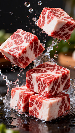 生鲜牛肉块飞溅水花美食摄影