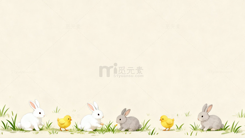 可爱卡通兔子小鸡草地插画