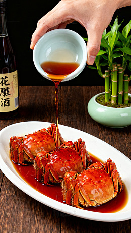 花雕酒淋蟹美食摄影