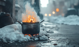 寒冷街头煮食场景