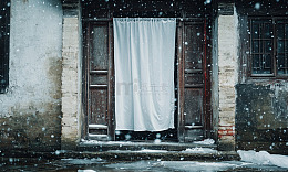 冬日雪景老屋窗帘
