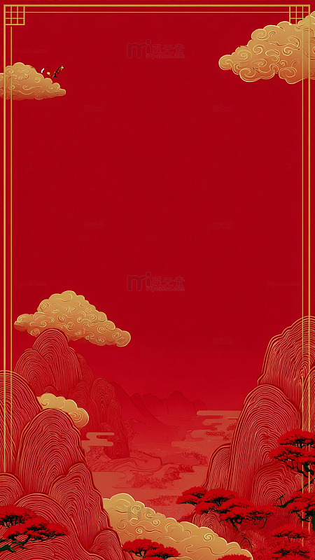 红色传统山水画艺术海报