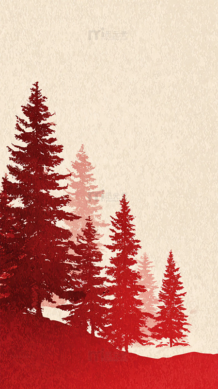 红色松树冬季风景插画