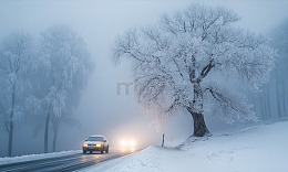 寒冬雪景公路汽车风景摄影