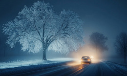 寒夜雪景汽车行驶图