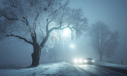寒夜雪路车行图