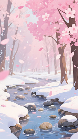 樱花雪景溪流绘画