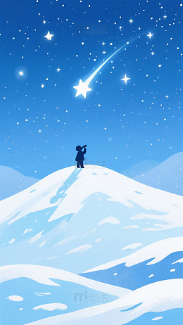 星空下雪山小孩插画