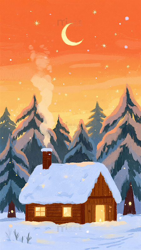 冬日雪景木屋插画