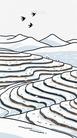 雪覆盖梯田山水画