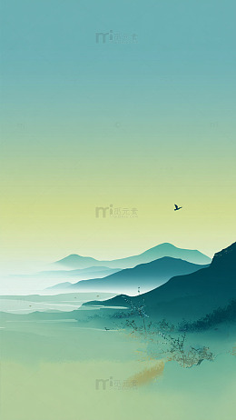 山水意境中国画层叠山峦飞鸟