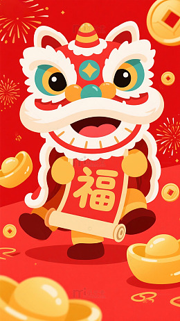 卡通舞狮贺新春喜庆插画