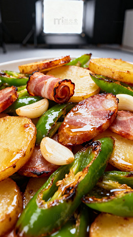 家常培根土豆青椒美食摄影