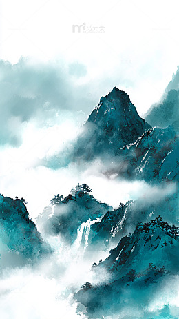 水墨山水画云雾缭绕峰峦