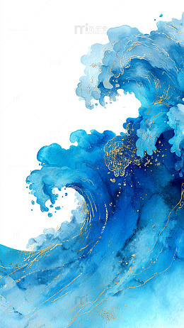 蓝金波浪抽象艺术画作