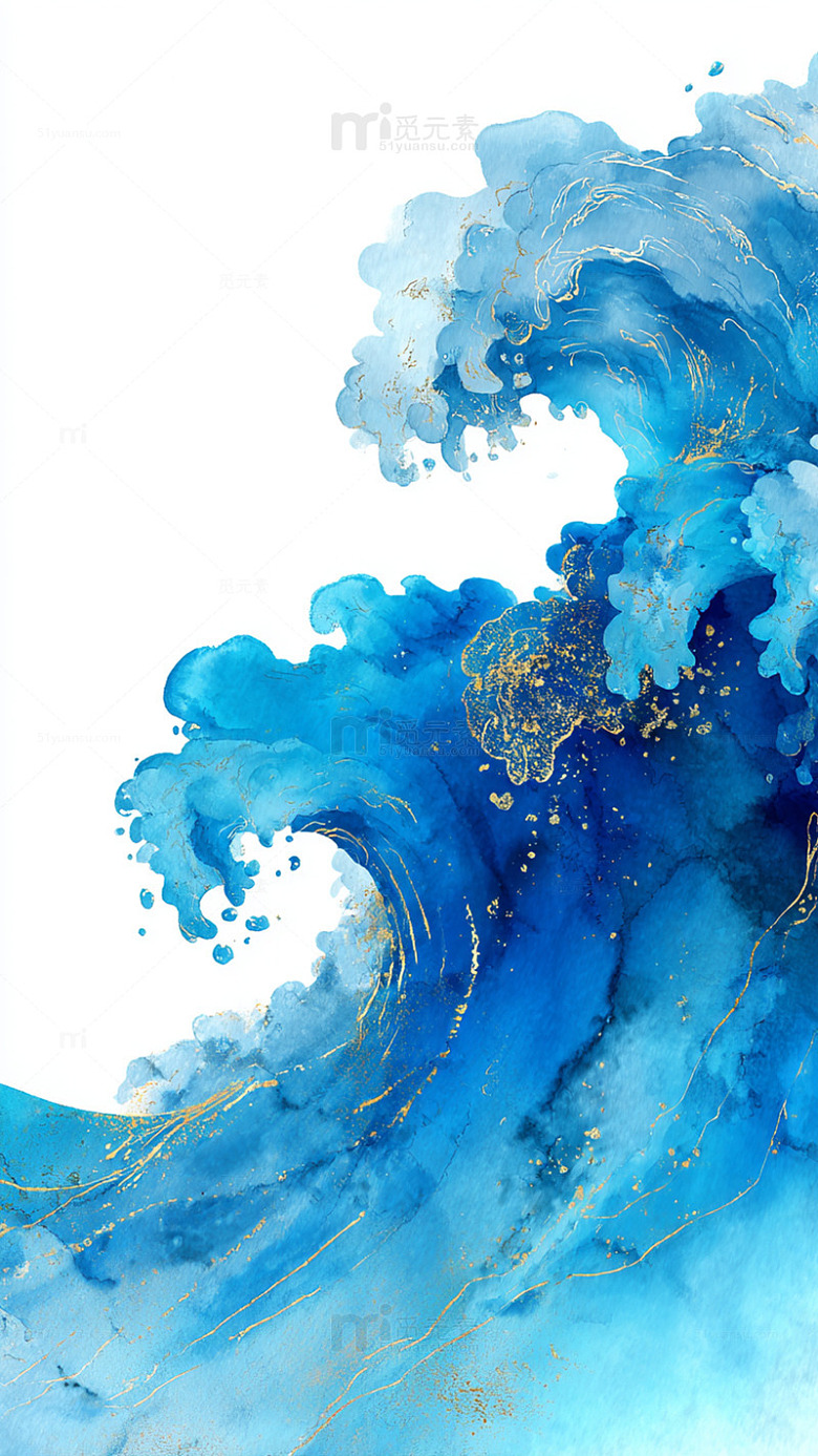 蓝金波浪抽象艺术画作