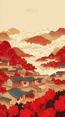 中国风山水画古代村落风光