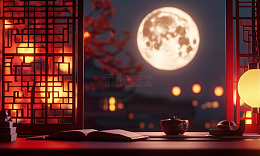 古典中秋夜书房赏月图