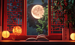 古风夜晚读书赏月图片