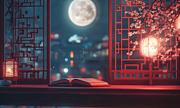 古风夜晚读书赏月图