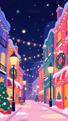 圣诞小镇夜景插画