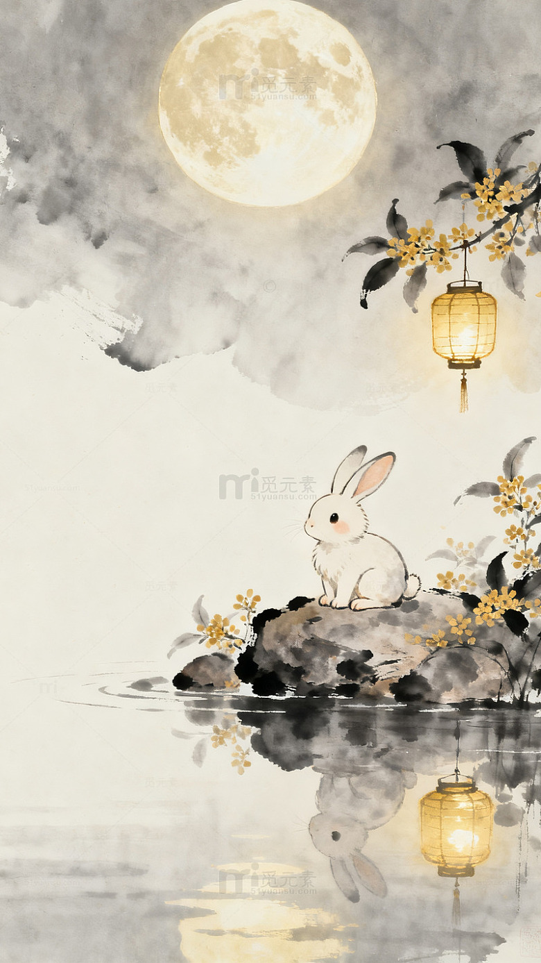 水墨风中秋月兔灯笼景色