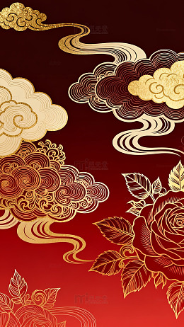 金色云朵与玫瑰花艺术图案