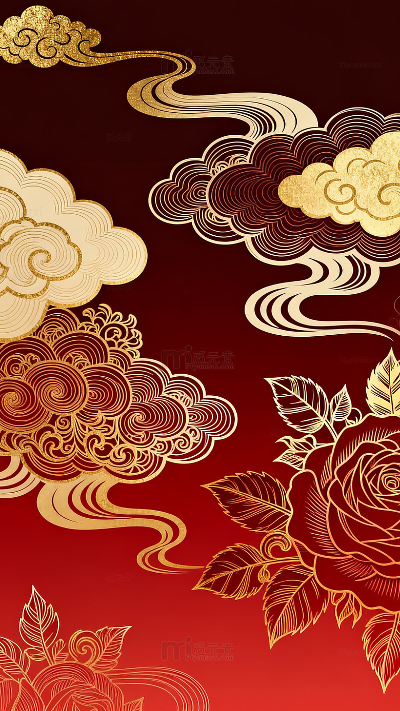 金色云朵与玫瑰花艺术图案