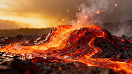 火山喷发炽热熔岩流动瞬间