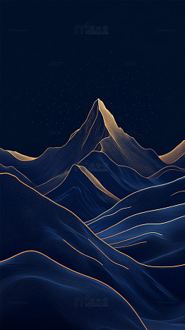 深蓝夜山金线勾勒艺术插画