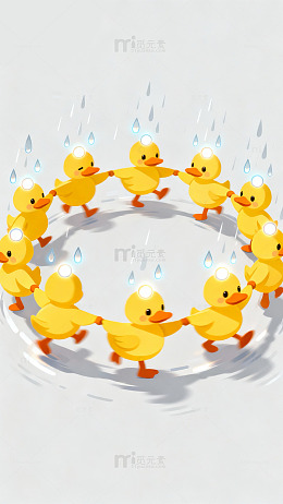 小黄鸭雨中转圈卡通插画