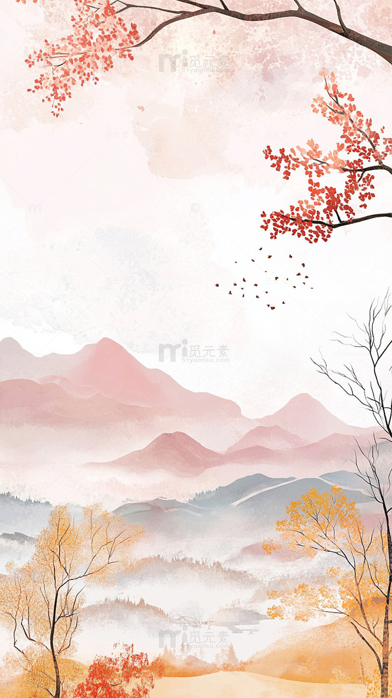 秋意山水水墨画