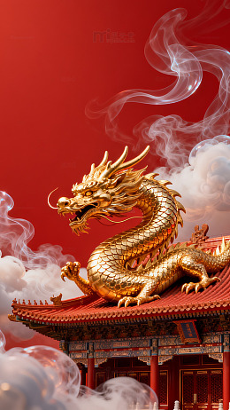 金色龙雕塑中国风建筑云雾缭绕
