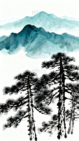 水墨山水画松树远山图
