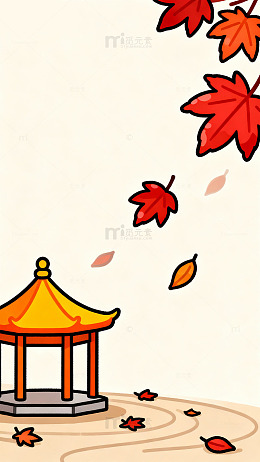 秋日亭阁落叶插画