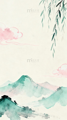 水墨山水柳叶淡雅意境画