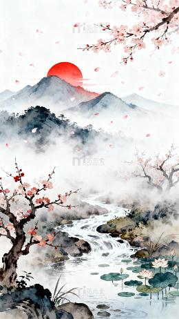 水墨山水日落风景国画