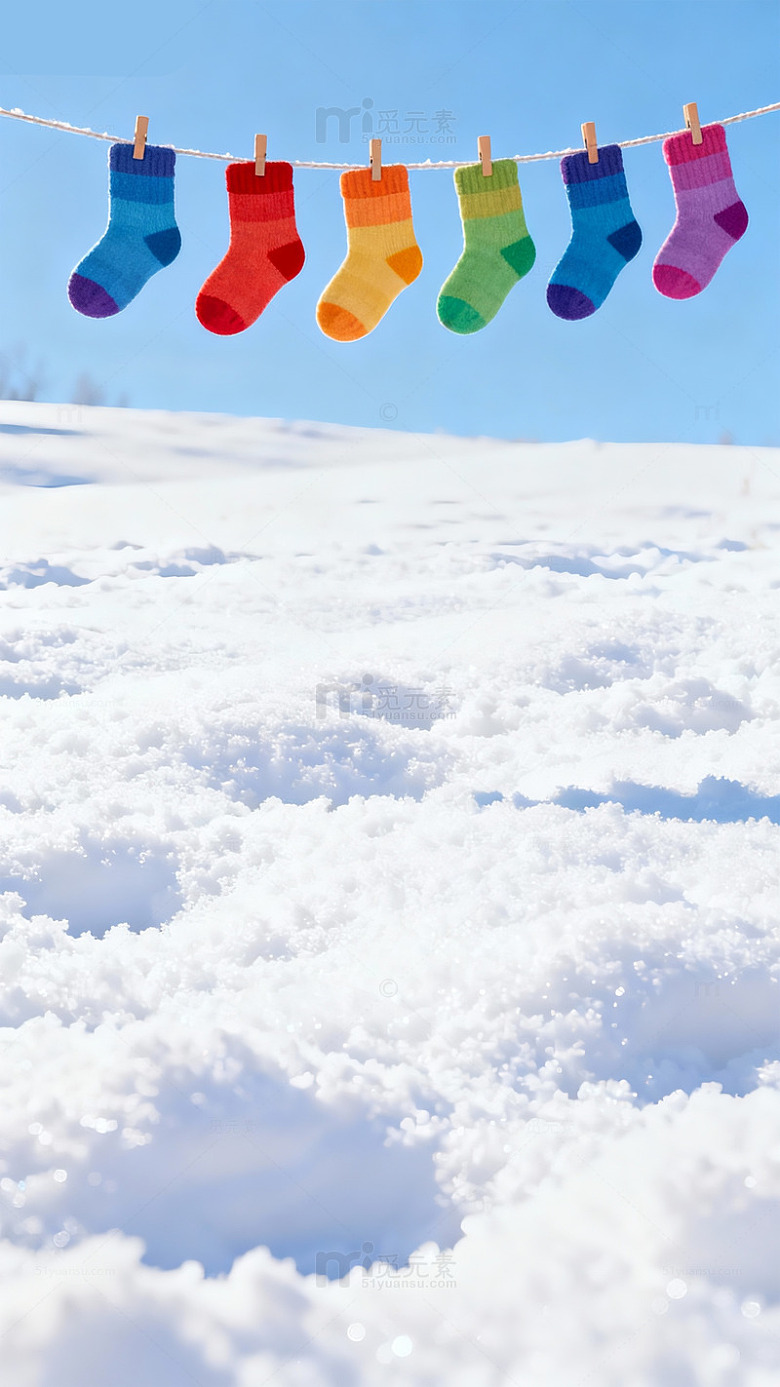 冬日彩虹袜子晾晒雪景