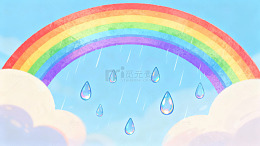 彩虹雨云卡通风格水彩画