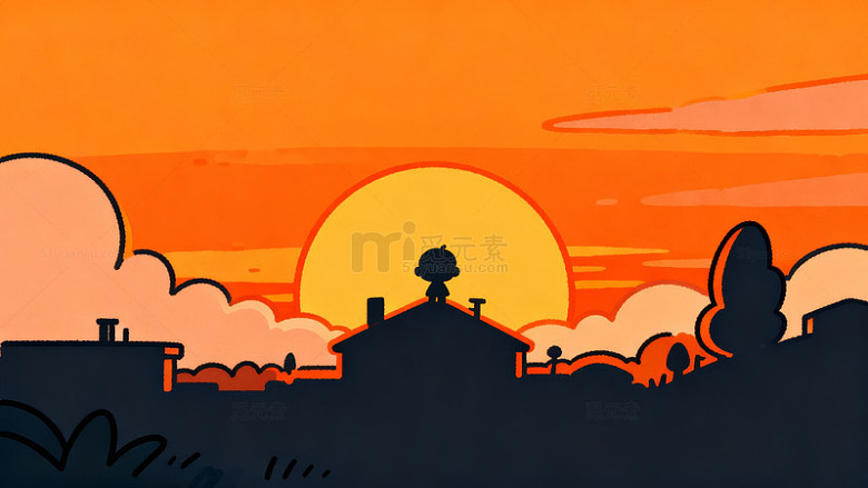 夕阳小镇剪影插画